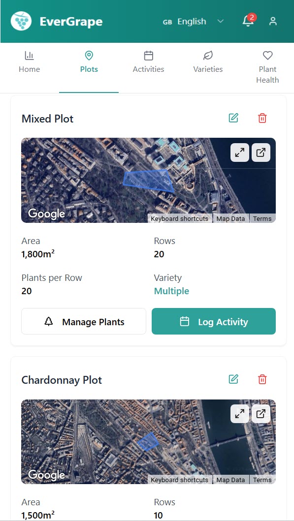 EverGrape Plot Management - interactive vineyard plot mapping
