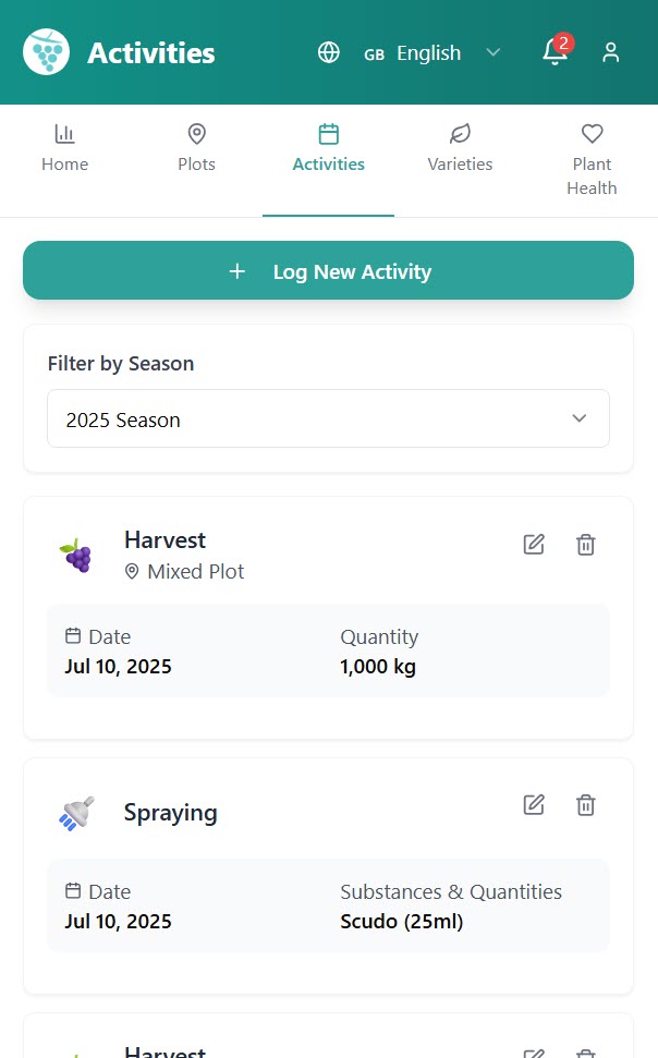 EverGrape Activity Tracking - vineyard activity logging